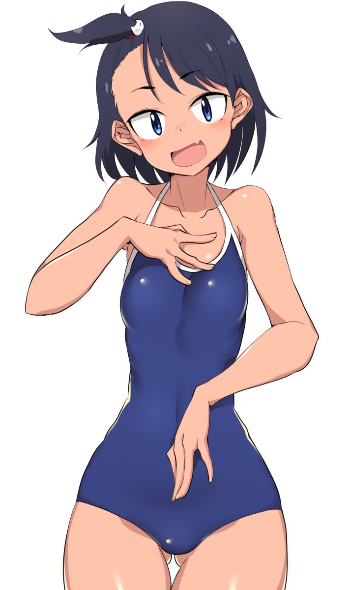 1girl ass_visible_through_thighs bangs black_hair blue_eyes blue_swimsuit breasts buta-don commentary cowboy_shot fang hair_tie hand_on_own_chest highres hodaka_natsumi houkago_teibou_nisshi looking_at_viewer medium_hair navel one-piece_swimsuit one_side_up open_mouth school_swimsuit short_hair skin_fang small_breasts smile solo standing swept_bangs swimsuit thigh_gap wide_hips