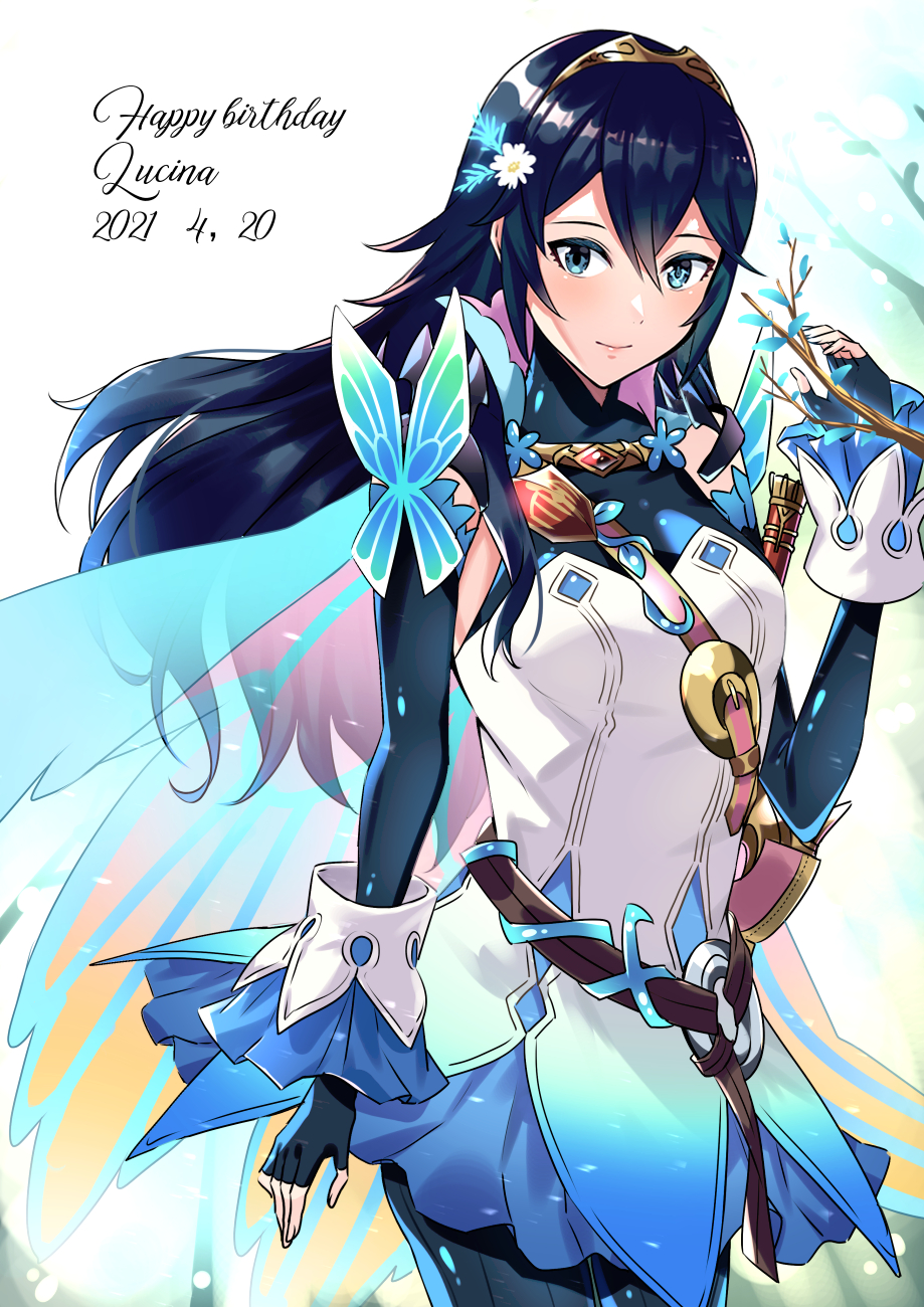 1girl alternate_costume ameno_(a_meno0) blue_eyes blue_hair bug butterfly elbow_gloves fingerless_gloves fire_emblem fire_emblem_awakening fire_emblem_heroes flower gloves hair_flower hair_ornament happy_birthday highres insect long_hair lucina_(fire_emblem) smile solo symbol-shaped_pupils tiara wings