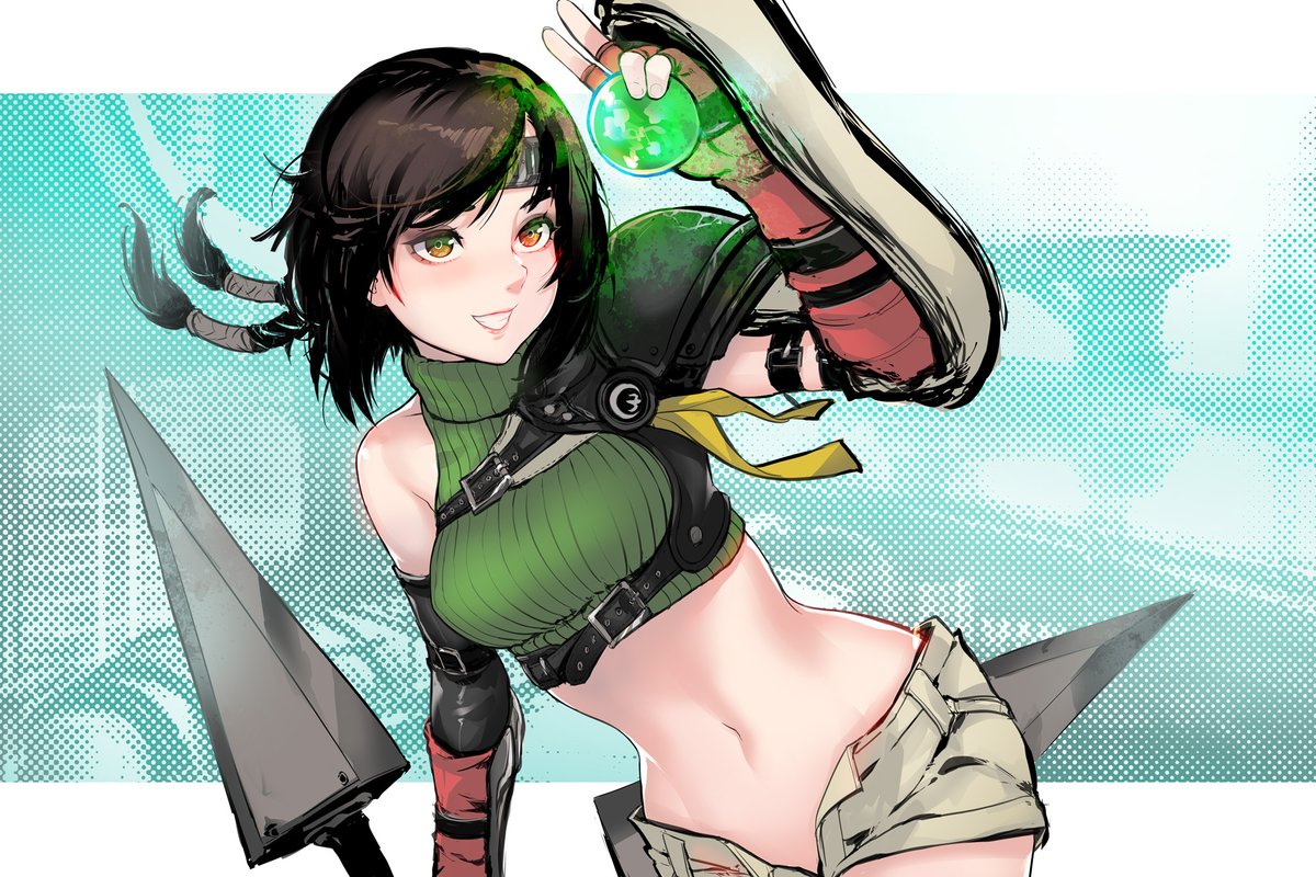 1girl bangs black_hair black_headband brown_eyes brown_shorts cropped_sweater english_commentary final_fantasy final_fantasy_vii fingerless_gloves gloves green_sweater headband holding holding_orb holding_weapon materia medium_hair midriff navel open_fly parted_lips red_gloves ribbed_sweater robot_cat short_shorts shorts sleeveless_sweater smile solo sweater twintails weapon yuffie_kisaragi