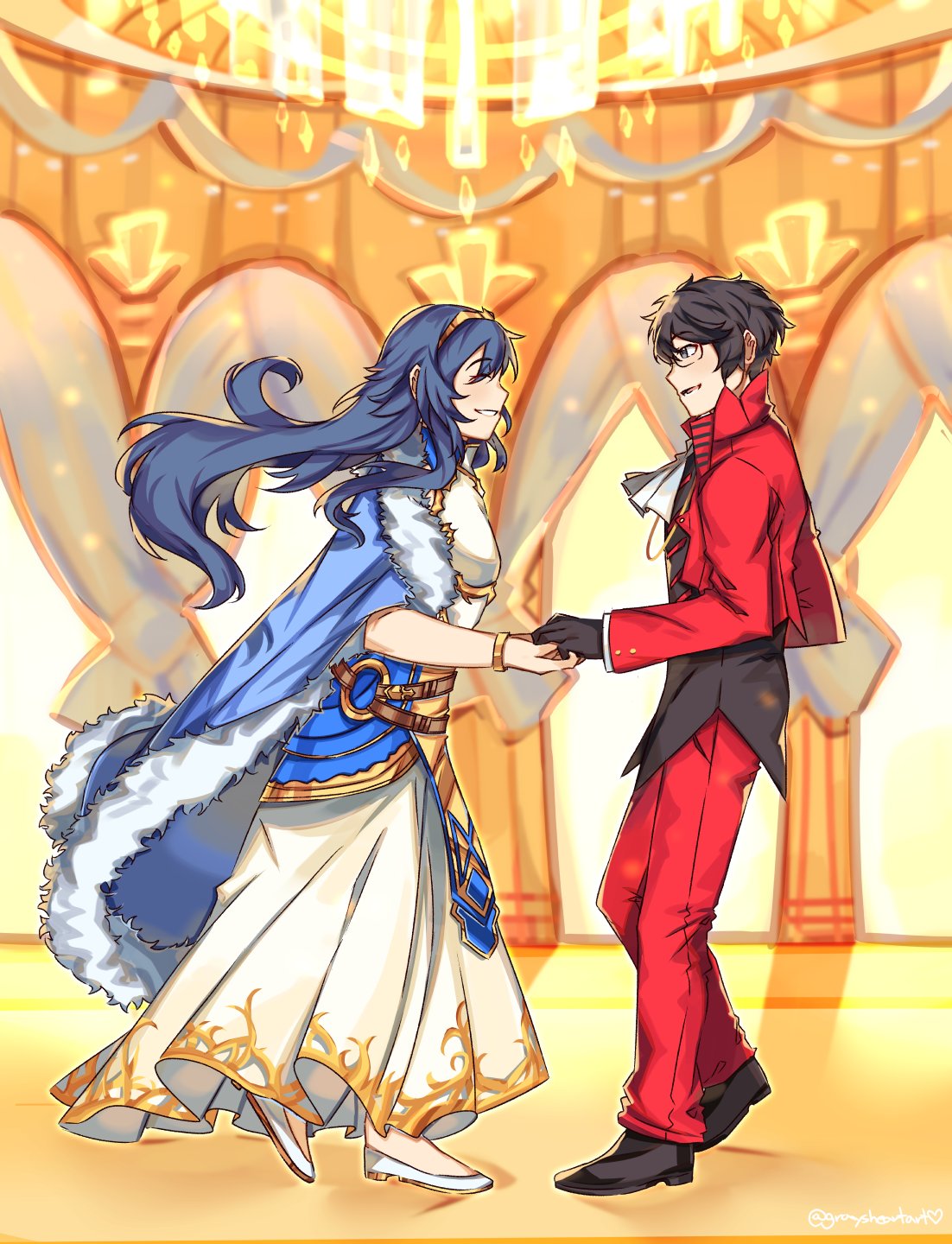 1boy 1girl amamiya_ren bangs black_hair blue_eyes blue_hair cape dress fingerless_gloves fire_emblem fire_emblem_awakening formal fur_trim gloves graysheartart hair_between_eyes highres jacket long_hair long_sleeves lucina_(fire_emblem) open_mouth persona persona_5 red_gloves short_hair smile super_smash_bros. tiara