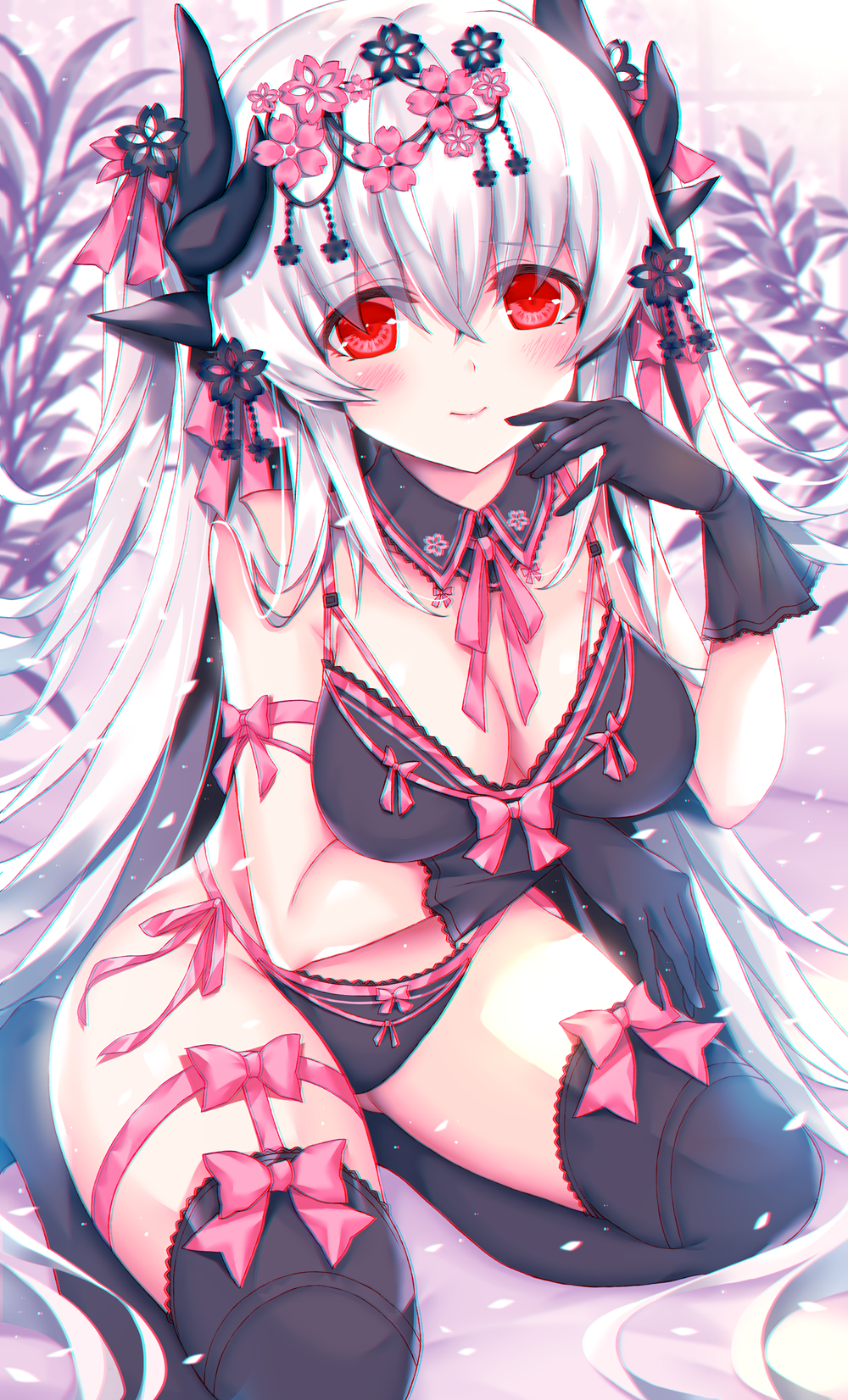 1girl black_bra black_gloves black_legwear black_panties bra breasts detached_collar dragon_girl dragon_horns fate/grand_order fate_(series) gloves grey_hair highres horns kiyohime_(fate) long_hair medium_breasts morizono_shiki multiple_horns panties red_eyes sitting solo thigh-highs underwear underwear_only