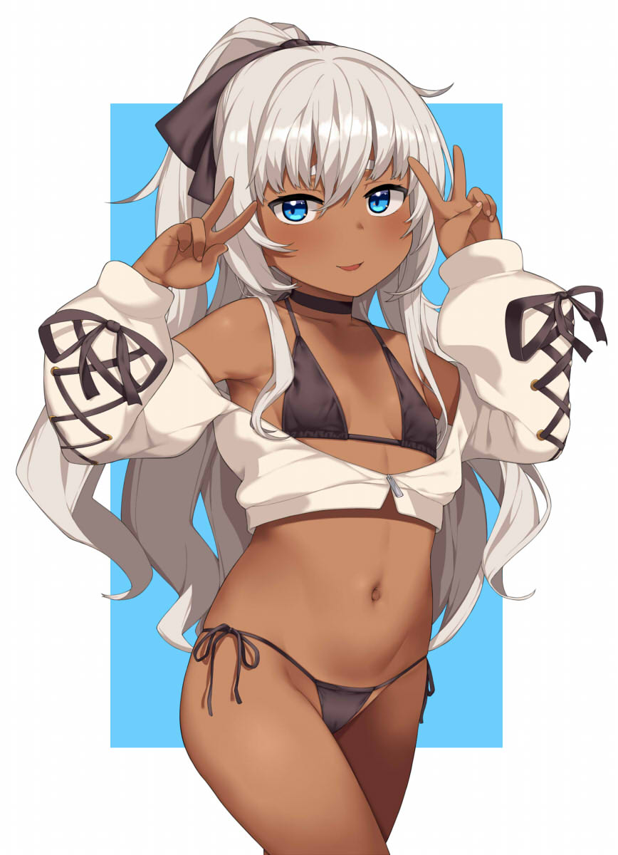 1girl bangs bikini black_choker blue_eyes blush breasts choker dark_skin double_v eyebrows_visible_through_hair flat_chest hai_ookami hair_between_eyes halterneck highres jacket long_hair long_sleeves looking_at_viewer navel original ponytail ribbon side-tie_bikini smile solo string_bikini striped striped_background swimsuit swimsuit_under_clothes tan two-tone_background v white_jacket