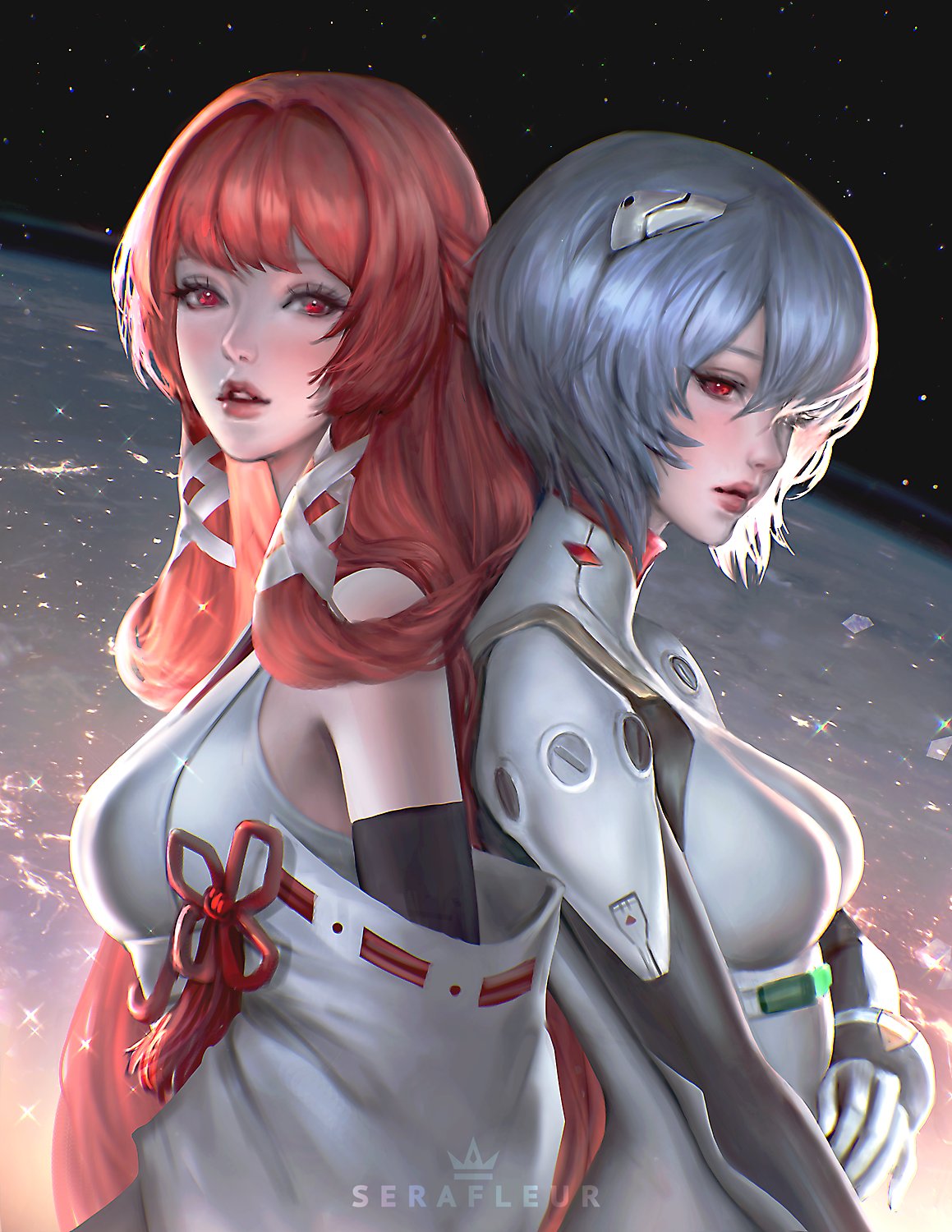 2girls abigail_diaz artist_name ayanami_rei back-to-back blue_hair breasts commentary crossover dragon_raja english_commentary hair_intakes hair_ribbon highres long_hair medium_breasts medium_hair multiple_girls neon_genesis_evangelion parted_lips red_eyes redhead ribbon sky star_(sky) starry_sky uesugi_erii white_ribbon