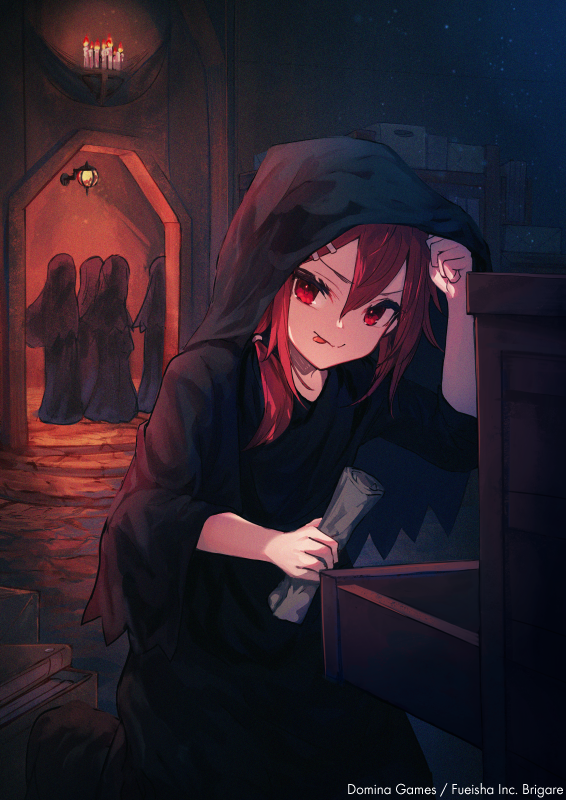 1girl 4others :p arm_up bangs black_robe brigare candle closed_mouth fire hair_between_eyes holding hood hood_up hooded_robe long_hair long_sleeves looking_at_viewer makihitsuji multiple_others official_art red_eyes redhead smile solo_focus tongue tongue_out v-shaped_eyebrows watermark wide_sleeves