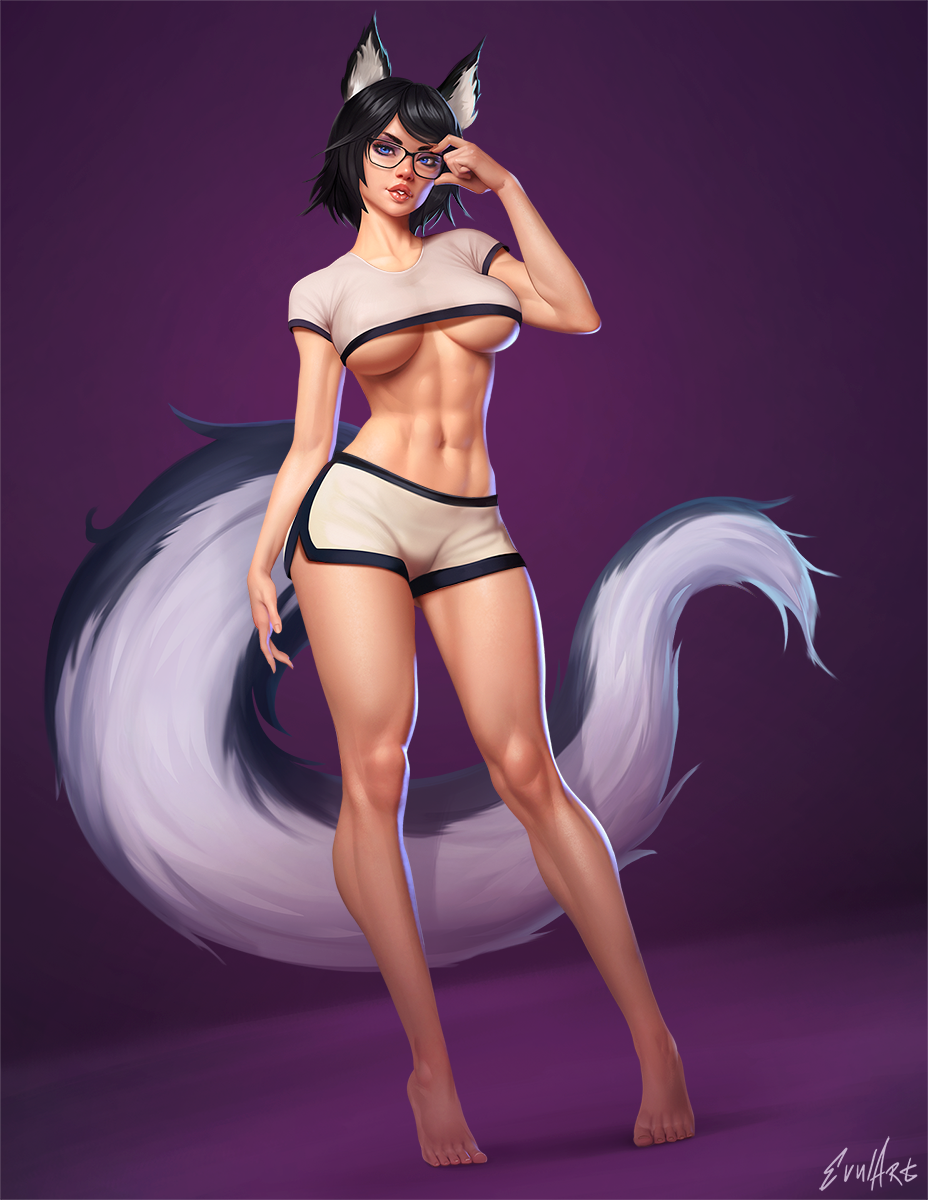 1girl abs adjusting_eyewear animal_ear_fluff animal_ears bangs barefoot black-framed_eyewear black_hair blue_eyes breasts contrapposto crop_top english_commentary evulchibi eyeshadow full_body glasses head_tilt highres large_breasts lips looking_at_viewer makeup navel no_bra nose original parted_lips perky_breasts purple_background shiny shiny_skin short_hair short_shorts shorts signature simple_background solo standing swept_bangs tail tiptoes toes toned uncensored under_boob vignetting white_shorts