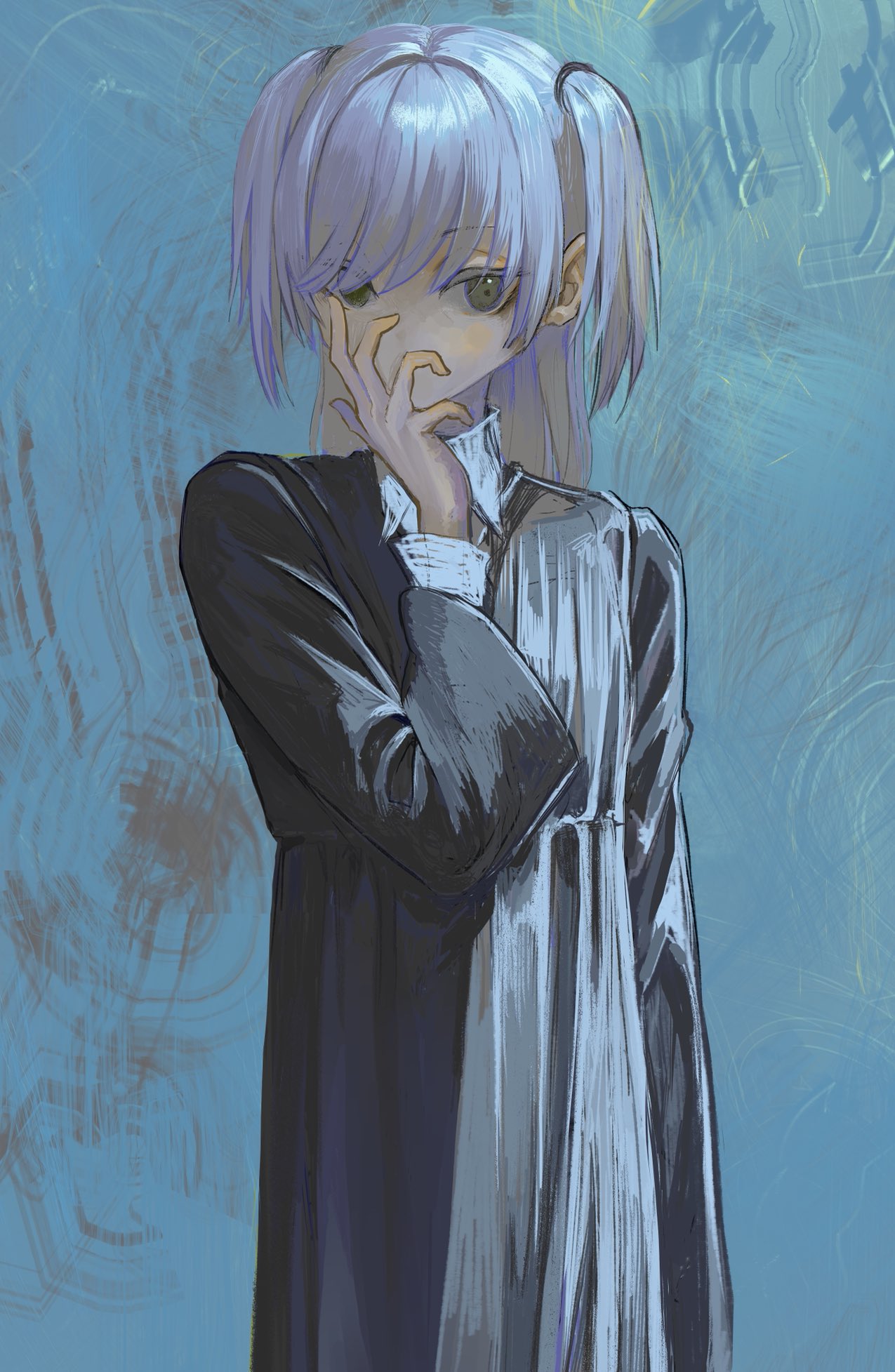 1girl black_dress blue_background collared_shirt cowboy_shot dress expressionless green_eyes hair_over_one_eye hand_on_own_face highres looking_at_viewer original parted_hair shirt skkc_128 solo two_side_up white_hair white_shirt