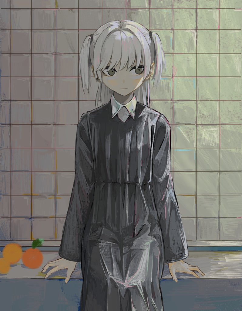 1girl black_dress character_request collared_shirt copyright_request dress expressionless feet_out_of_frame food fruit grey_eyes long_hair long_skirt looking_to_the_side orange_(food) parted_hair shirt sitting skirt skkc_128 solo tile_wall tiles two_side_up white_hair