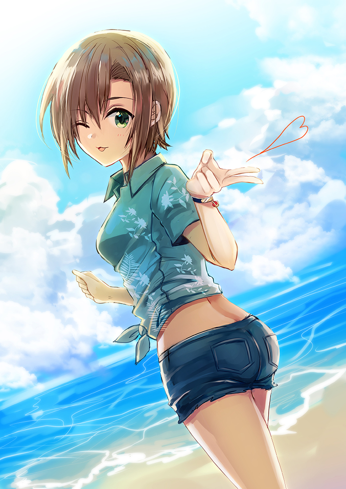 1girl aqua_shirt bangs blue_shorts bracelet brown_hair collared_shirt day denim denim_shorts dutch_angle green_eyes hair_between_eyes heart idolmaster idolmaster_cinderella_girls jewelry looking_at_viewer looking_back miri_(roll) ocean one_eye_closed outdoors print_shirt shiny shiny_hair shirt short_hair short_shorts short_sleeves shorts solo standing tada_riina tied_shirt v wing_collar