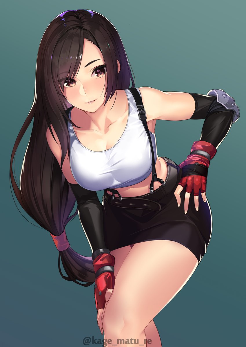 1girl breasts brown_hair elbow_gloves eyebrows_visible_through_hair final_fantasy final_fantasy_vii fingerless_gloves gloves highres kagematsuri large_breasts long_hair low-tied_long_hair midriff miniskirt red_eyes skirt smile solo square_enix suspenders tank_top tifa_lockhart