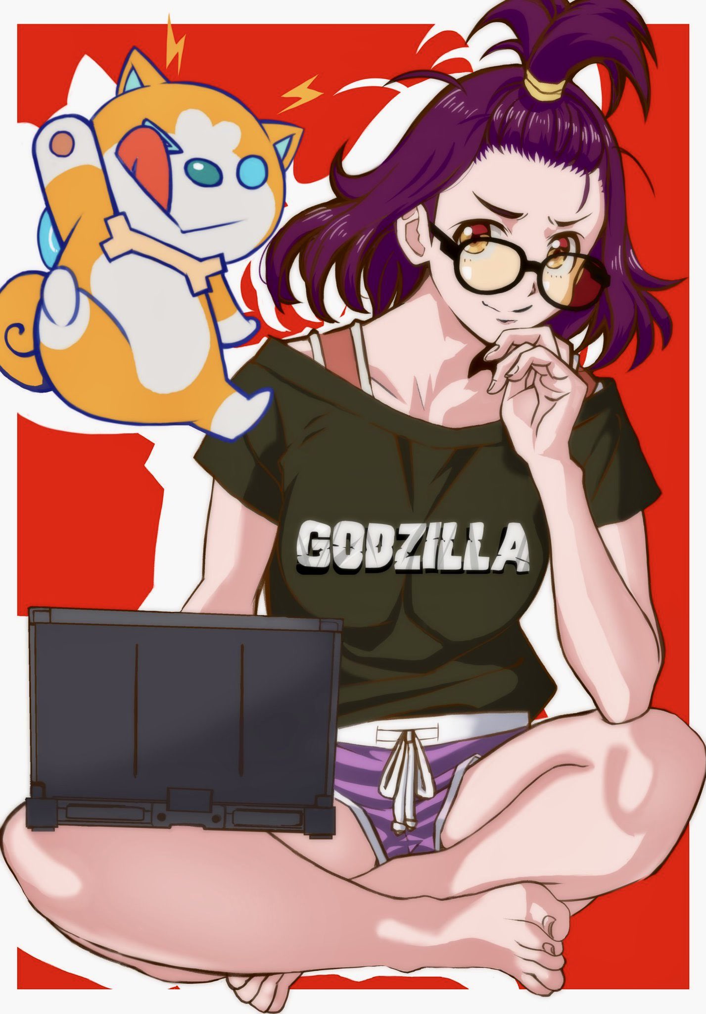 1girl barefoot glasses godzilla:_singular_point godzilla_(series) kamino_mei laptop pero2 purple_hair t-shirt