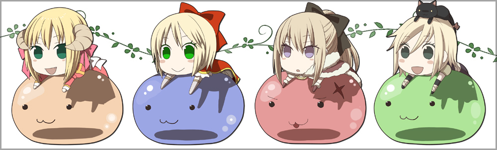 4girls :d animal_on_head armor assassin_(ragnarok_online) bandages bangs black_cat black_gloves blonde_hair bow brown_cape brown_gloves cape cat cat_on_head champion_(ragnarok_online) chibi closed_mouth coat dress drops_(ragnarok_online) elbow_gloves eyebrows_visible_through_hair full_body fur-trimmed_cape fur-trimmed_gloves fur_trim gloves green_eyes hair_between_eyes hair_bow hair_ribbon high_priest_(ragnarok_online) high_wizard_(ragnarok_online) hooded_coat horns juliet_sleeves long_hair long_sleeves looking_at_viewer marin_(ragnarok_online) medium_hair multiple_girls negi_mugiya on_head open_mouth pauldrons ponytail poporing poring puffy_sleeves purple_shirt ragnarok_online red_bow red_dress red_ribbon ribbon sash shirt short_hair shoulder_armor sleeveless sleeveless_shirt slime_(creature) smile two-tone_dress violet_eyes white_background white_bow white_coat white_dress white_sash