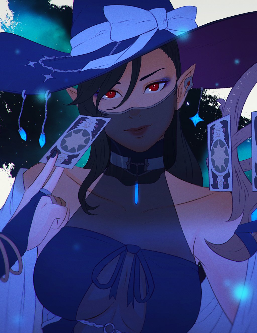 artist_name astrologian_(final_fantasy) bangs bracelet breasts bridal_gauntlets card earrings elezen elf eyeshadow final_fantasy final_fantasy_xiv hat highres hilda_ware holding holding_card hybrid hyur jewelry koyorin lips long_hair looking_at_viewer makeup medium_breasts mouth_veil pointy_ears ponytail red_eyes see-through under_boob upper_body