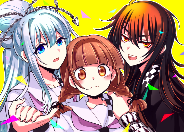 3girls aosa_(michikusakan) bandaged_arm bandages black_hair blue_eyes brown_eyes brown_hair chain collarbone confetti dual_persona ebisuno_nao eyebrows_visible_through_hair friends hair_between_eyes hand_on_another's_shoulder holding_hands kamio_yui kamio_yui_(white) light_blue_hair light_brown_eyes long_bangs long_hair multiple_girls sailor_collar school_uniform smile tied_hair twintails very_long_hair yellow_background yui_kamio_lets_loose