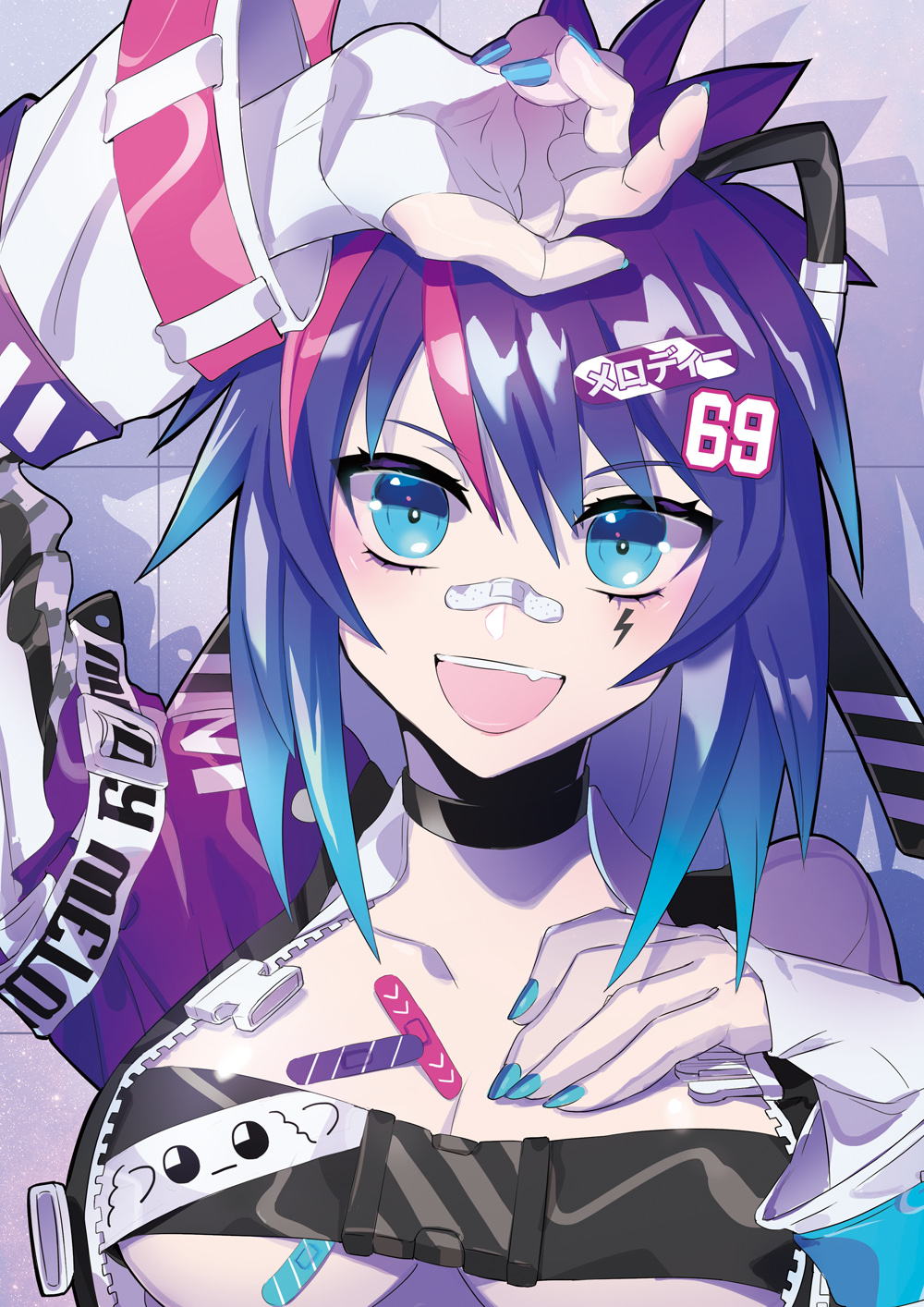 1girl bandaid bandaid_on_face belt blue_eyes blue_hair bow character_name choker collarbone fingerless_gloves full_body gloves gradient_hair hair_bow hair_ornament hairclip hand_on_own_chest hand_on_own_head highres jacket lightning_bolt_symbol looking_at_viewer melody_(projektmelody) multicolored_hair official_alternate_costume official_art projektmelody puppeteer7777 purple_hair purple_jacket smile solo strapless tied_hair tubetop virtual_youtuber vshojo white_gloves white_legwear