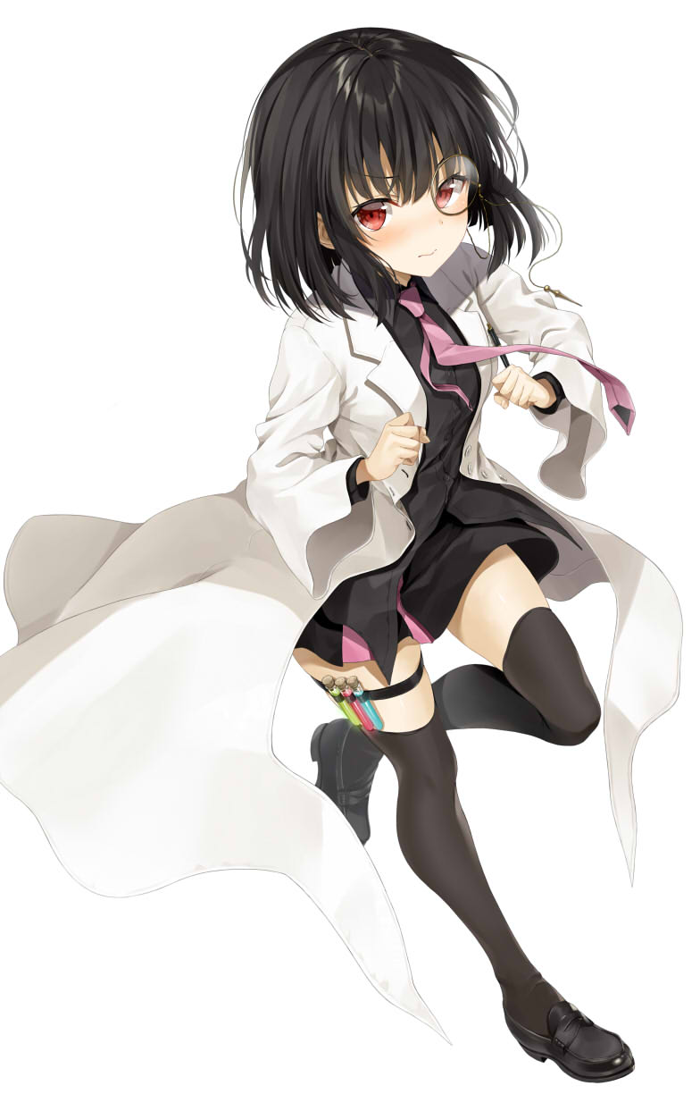 1girl black_footwear black_hair black_legwear black_lilith_(sentouin_haken_shimasu!) black_shirt black_skirt blush clenched_hands coat collared_shirt commentary_request cover cover_page embarrassed glasses highres kakao_rantan labcoat leg_up loafers long_coat looking_at_viewer medium_hair miniskirt multicolored multicolored_clothes multicolored_skirt nose_blush novel_cover novel_illustration official_art pince-nez pink_neckwear pink_skirt red_eyes round-bottom_flask running sentouin_haken_shimasu! shirt shoes simple_background skirt solo striped striped_skirt test_tube thigh-highs thigh_strap v-shaped_eyebrows vial white_background white_coat