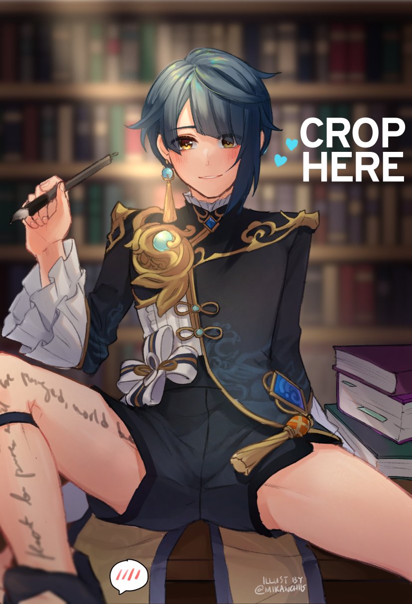 1boy arm_support bangs blue_hair blue_shorts blush body_writing book bookshelf calligraphy_brush chinese_clothes earrings english_commentary english_text eyebrows_visible_through_hair eyes_visible_through_hair frilled_shirt_collar frilled_sleeves frills genshin_impact heart heart-shaped_pupils highres holding holding_brush jacket jewelry long_sleeves looking_at_viewer male_focus mikanchii open_mouth paintbrush short_hair shorts single_earring sitting smile solo speech_bubble symbol-shaped_pupils symbol_commentary tassel tassel_earrings vision_(genshin_impact) xingqiu_(genshin_impact) yellow_eyes