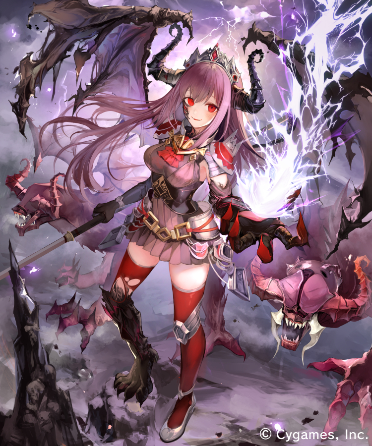 1girl armor bangs black_gloves breasts claws crown gloves hip_armor holding holding_weapon horns kouyafu lightning long_hair looking_at_viewer medium_breasts purple_hair red_eyes red_legwear shadowverse shoulder_armor single_knee_pad solo thigh-highs weapon wings