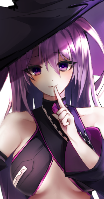 1girl aisha_landar alternate_breast_size bangs black_headwear black_sleeves breasts closed_mouth collarbone detached_sleeves elsword eyebrows_visible_through_hair finger_to_mouth hair_between_eyes hat index_finger_raised long_hair long_sleeves looking_at_viewer mayo030 medium_breasts oz_sorcerer_(elsword) purple_hair shiny shiny_hair shushing smile solo under_boob upper_body very_long_hair violet_eyes witch_hat