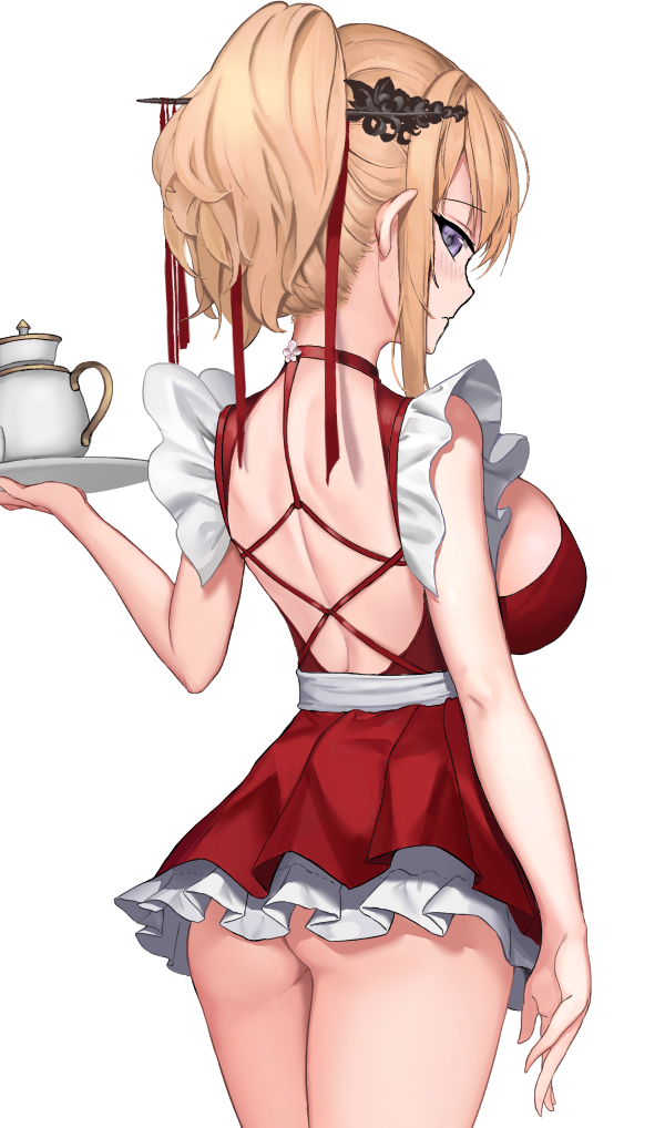 1girl ass azur_lane bangs blonde_hair blue_eyes blush breasts dress frilled_dress frills glorious_(azur_lane) glorious_(pungent_plum)_(azur_lane) hair_ornament hair_stick large_breasts looking_at_viewer nape ponytail red_dress short_dress short_hair sidelocks simple_background solaris_(sinhyg) solo teapot tied_hair tray white_background