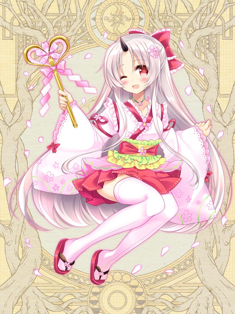 1girl ;d bangs blush bow dairoku_youhei frilled_bow frills full_body grey_hair hair_bow heart holding horns japanese_clothes kimono long_hair long_sleeves looking_at_viewer obi official_art one_eye_closed open_mouth parted_bangs petals pink_kimono pink_legwear pleated_skirt red_bow red_eyes red_footwear red_skirt sash shide shikito single_horn skirt sleeves_past_wrists smile solo thigh-highs very_long_hair wide_sleeves zouri