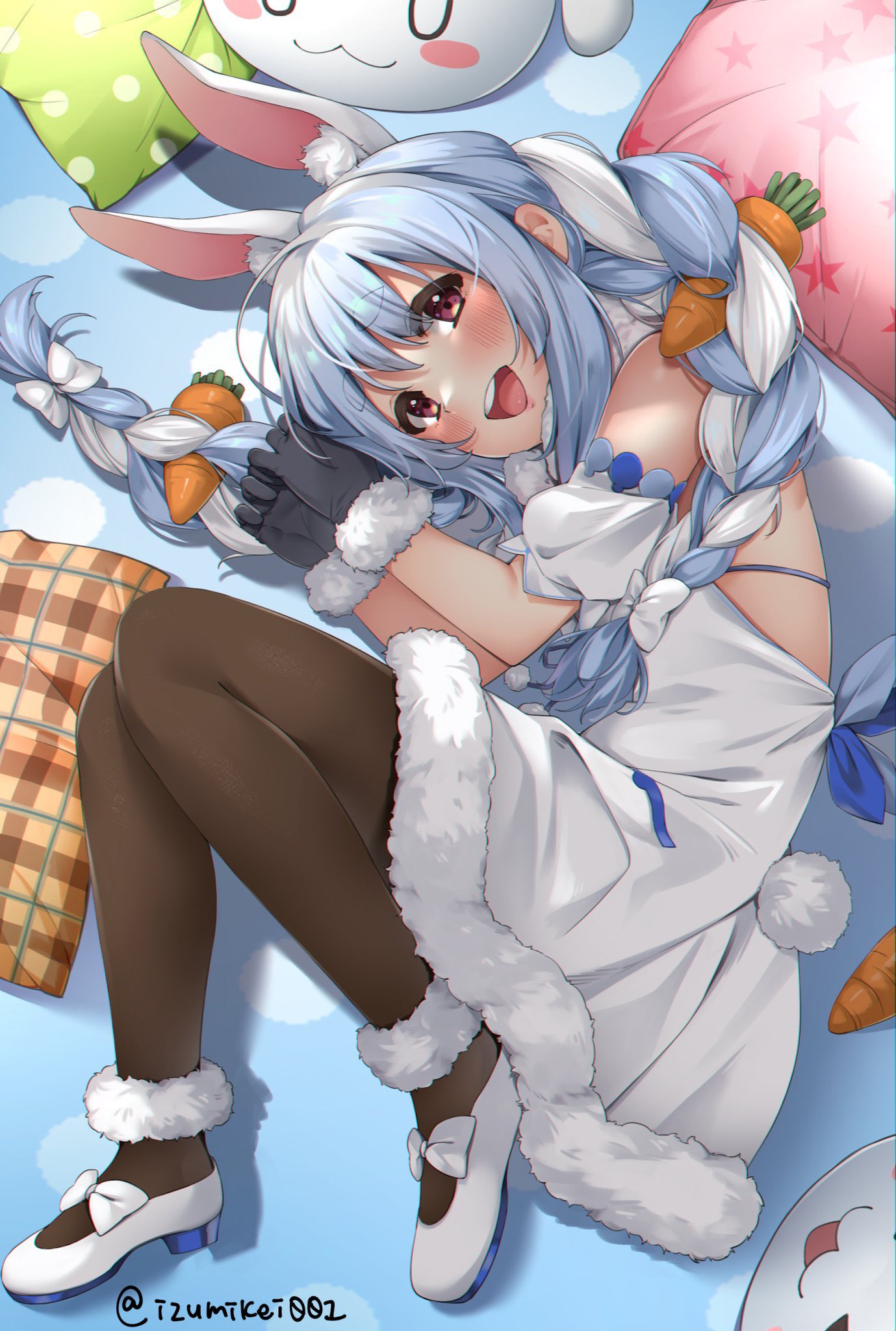 1girl :d animal_ear_fluff animal_ears ankle_garter bangs bare_shoulders black_gloves black_legwear blue_hair blush braid bunny-shaped_pupils bunny_tail carrot_hair_ornament coat detached_sleeves eyebrows_visible_through_hair fetal_position food_themed_hair_ornament full_body fur-trimmed_coat fur-trimmed_gloves fur_scarf fur_trim gloves hair_ornament highres hikimayu hololive izumikei001 long_hair looking_at_viewer mary_janes multicolored_hair nousagi_(usada_pekora) off_shoulder open_mouth pantyhose puffy_short_sleeves puffy_sleeves rabbit_ears rabbit_girl red_eyes shoes short_eyebrows short_sleeves smile solo strapless_coat swept_bangs tail thick_eyebrows twin_braids twintails two-tone_hair upper_teeth usada_pekora virtual_youtuber white_coat white_footwear white_hair white_sleeves