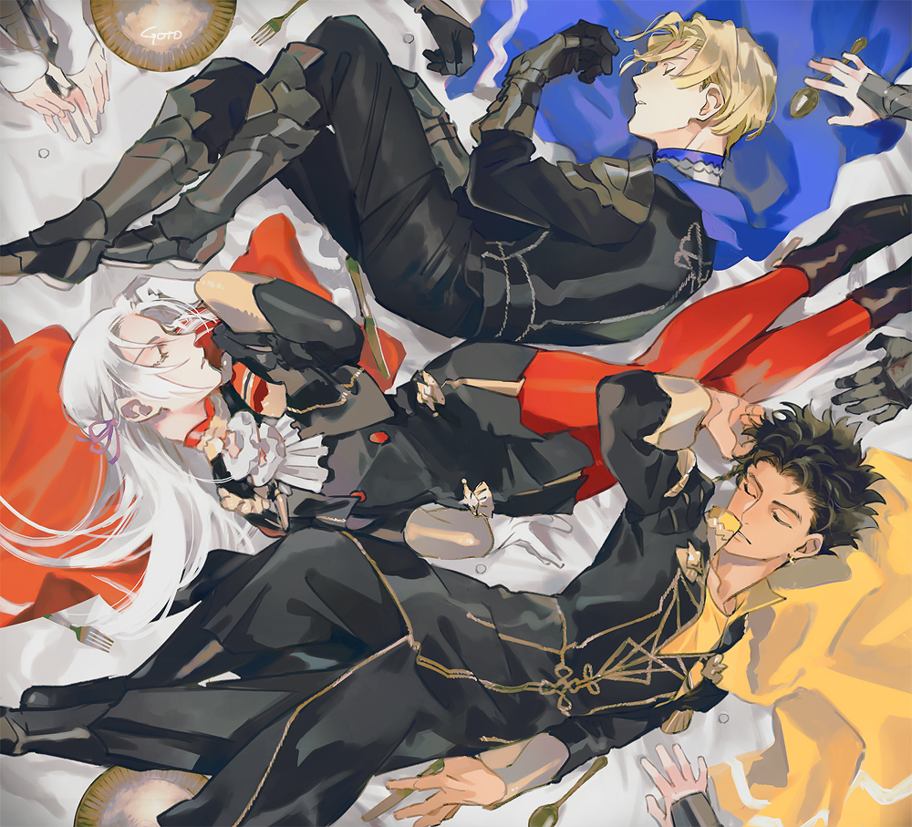 1girl 2boys armor armored_boots black_footwear black_gloves black_hair black_pants blonde_hair blue_cape boots cape claude_von_riegan closed_eyes closed_mouth cravat dimitri_alexandre_blaiddyd edelgard_von_hresvelg fire_emblem fire_emblem:_three_houses fork garreg_mach_monastery_uniform gauntlets gloves gotou_(pixiv37128) hair_ribbon long_hair long_sleeves lying multiple_boys on_back on_side pants pantyhose parted_lips plate red_cape red_legwear ribbon signature spoon white_gloves white_hair white_neckwear yellow_cape