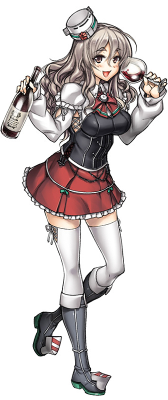 1girl alcohol boots bottle breasts brown_eyes cup drinking_glass full_body grey_hair hiyohiyo kantai_collection knee_boots medium_breasts miniskirt open_mouth pola_(kancolle) skirt sleeves_past_wrists smile solo standing standing_on_one_leg thigh-highs wavy_hair wine wine_bottle wine_glass zettai_ryouiki
