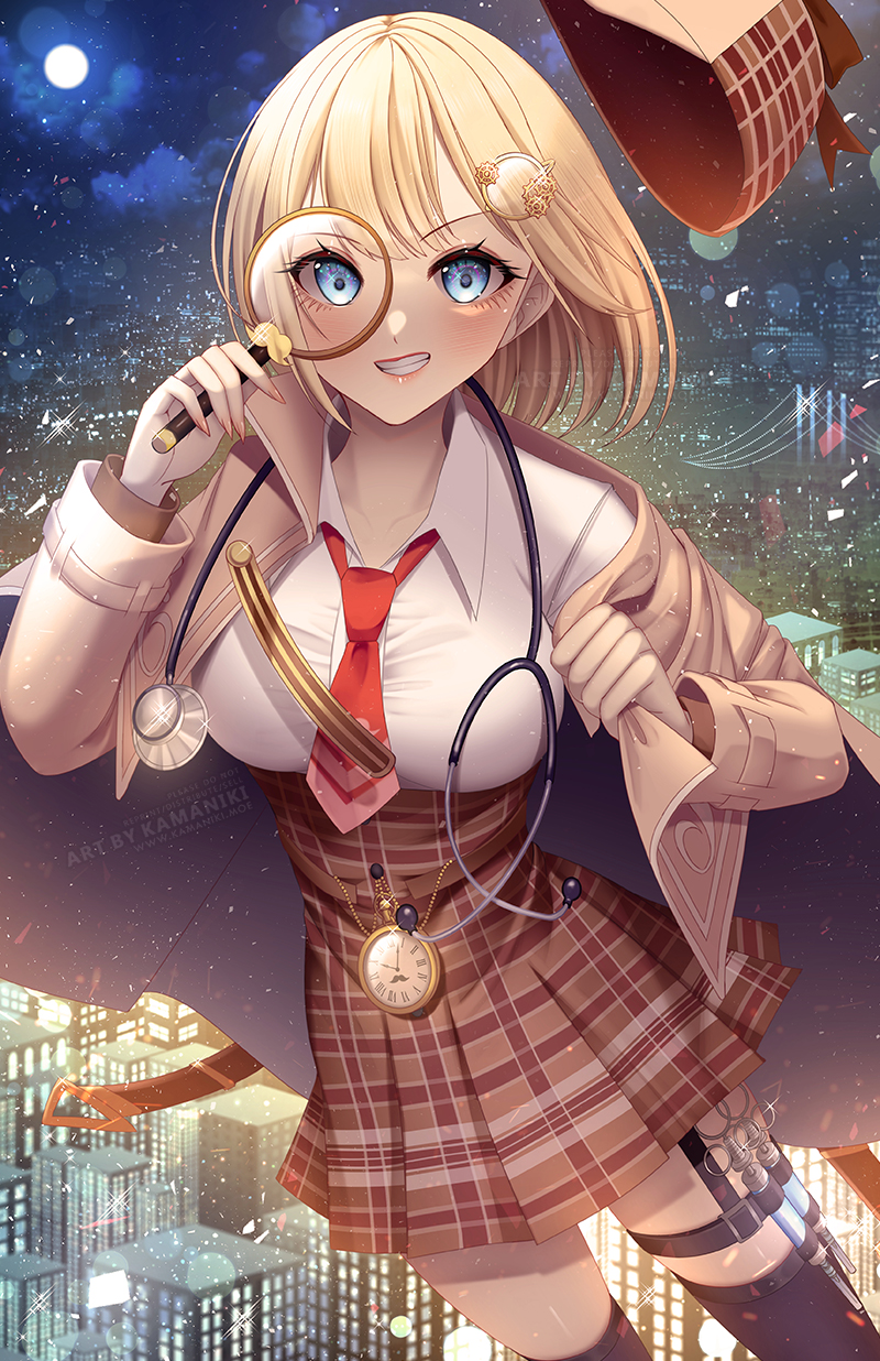 1girl beige_coat black_legwear blonde_hair blue_eyes city city_lights cityscape coat collared_shirt deerstalker dress_shirt full_moon grin hair_ornament hat hat_removed headwear_removed high-waist_skirt highres hololive hololive_english kamaniki looking_at_viewer magnifying_glass monocle_hair_ornament moon necktie night night_sky plaid plaid_skirt pocket_watch red_neckwear shirt short_hair skirt sky smile solo stethoscope syringe thigh-highs thigh_strap watch watson_amelia white_shirt