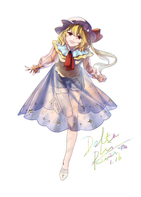 1girl alternate_costume blonde_hair bow collar dated delta_phi dress fangs flandre_scarlet floating_hair hat hat_bow knee_up long_sleeves looking_at_viewer mob_cap necktie no_wings one_side_up open_mouth see-through short_hair shorts_under_dress signature solo standing standing_on_one_leg star_(symbol) star_print touhou wavy_hair white_background yellow_eyes