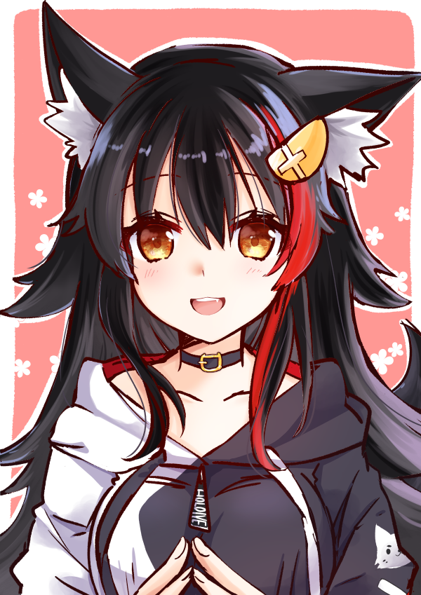 1girl :d animal_ear_fluff animal_ears black_hair breasts choker fingers_together highlights hololive long_hair mikimo_nezumi multicolored_hair ookami_mio open_mouth orange_eyes redhead smile wolf_ears