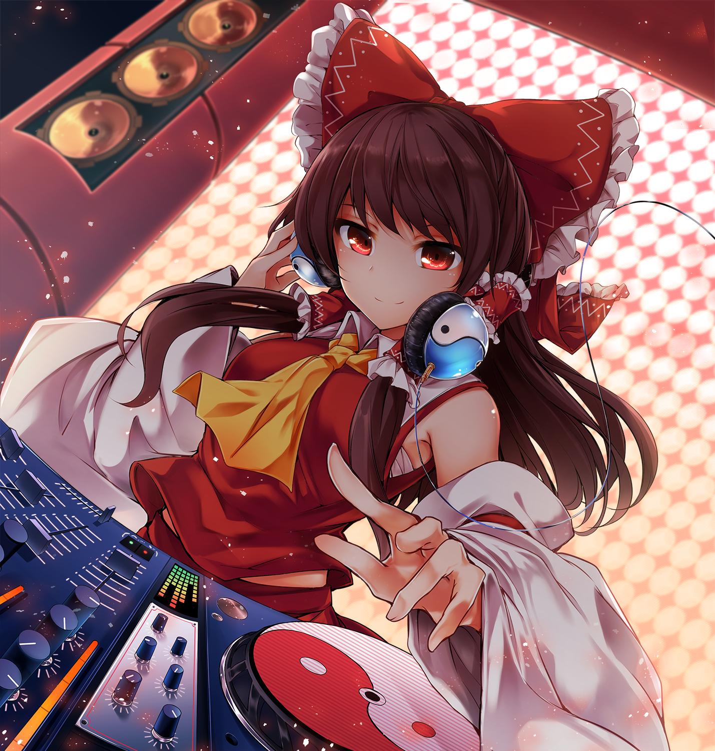 1girl ascot bow brown_hair closed_mouth collared_shirt detached_sleeves dj dutch_angle hair_bow hair_tubes hakurei_reimu headphones highres indoors long_hair midori_(misuriru8) mixing_console nontraditional_miko orb red_bow red_eyes red_shirt shirt smile solo touhou upper_body wide_sleeves yellow_neckwear yin_yang yin_yang_orb