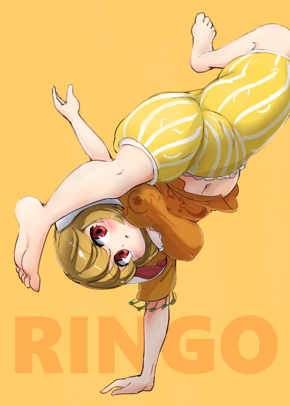 1girl animal_ears balancing barefoot blonde_hair breasts character_name commentary covered_nipples eyebrows_visible_through_hair floppy_ears full_body handstand highres impossible_hair itatatata medium_breasts midriff navel orange_background orange_shirt plump rabbit_ears red_eyes ringo_(touhou) shirt short_hair short_sleeves shorts simple_background soles solo striped striped_shorts toes touhou yellow_shorts