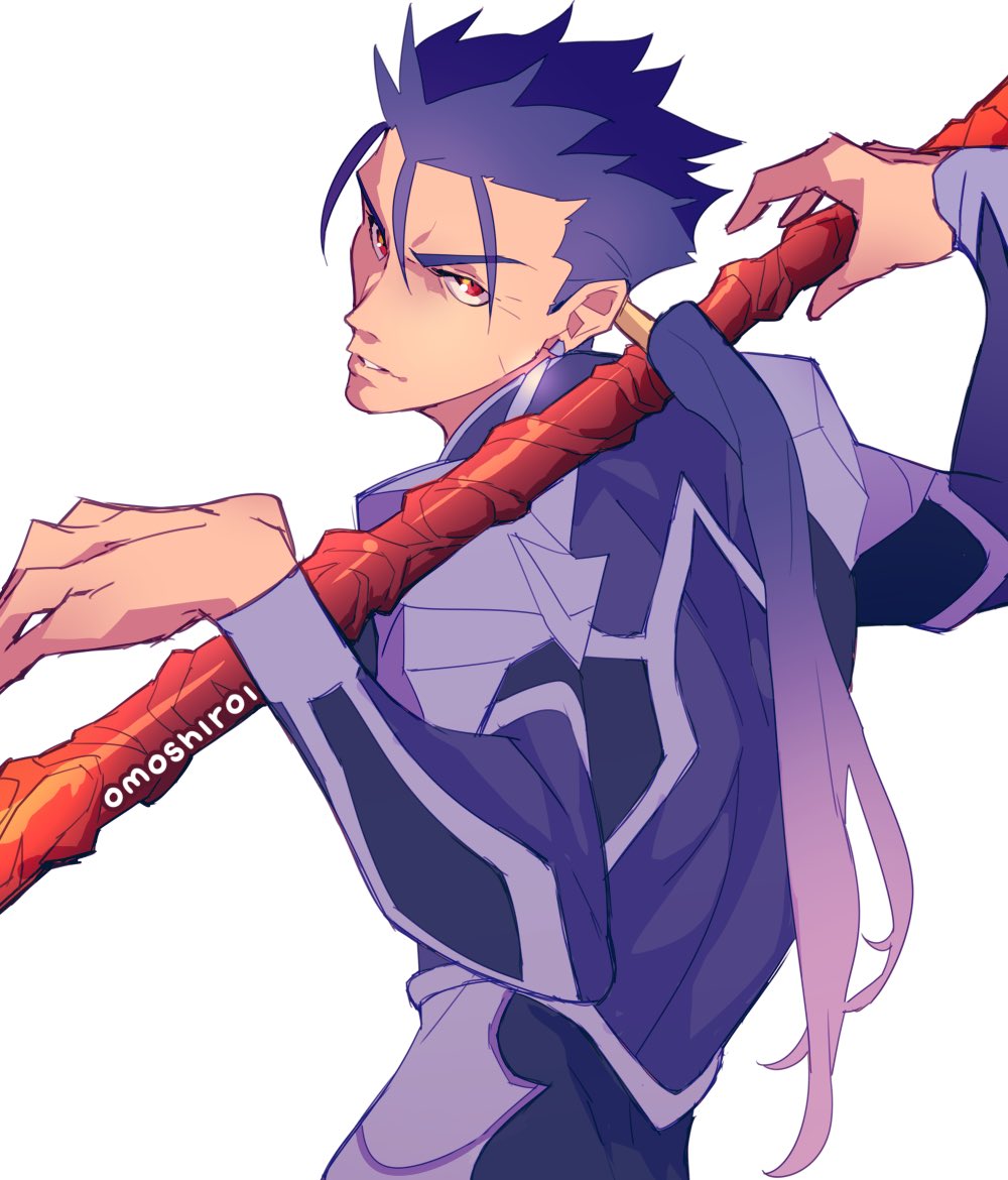 1boy angry armor artist_name back blue_bodysuit blue_hair bodysuit cu_chulainn_(fate)_(all) cu_chulainn_(fate/stay_night) earrings english_commentary fate/stay_night fate_(series) from_behind gae_bolg_(fate) holding holding_polearm holding_weapon jewelry long_hair long_sleeves looking_at_viewer looking_back male_focus muscular muscular_male omoshiroi open_mouth pauldrons polearm polearm_behind_back ponytail red_eyes shoulder_armor simple_background skin_tight solo spiky_hair weapon white_background