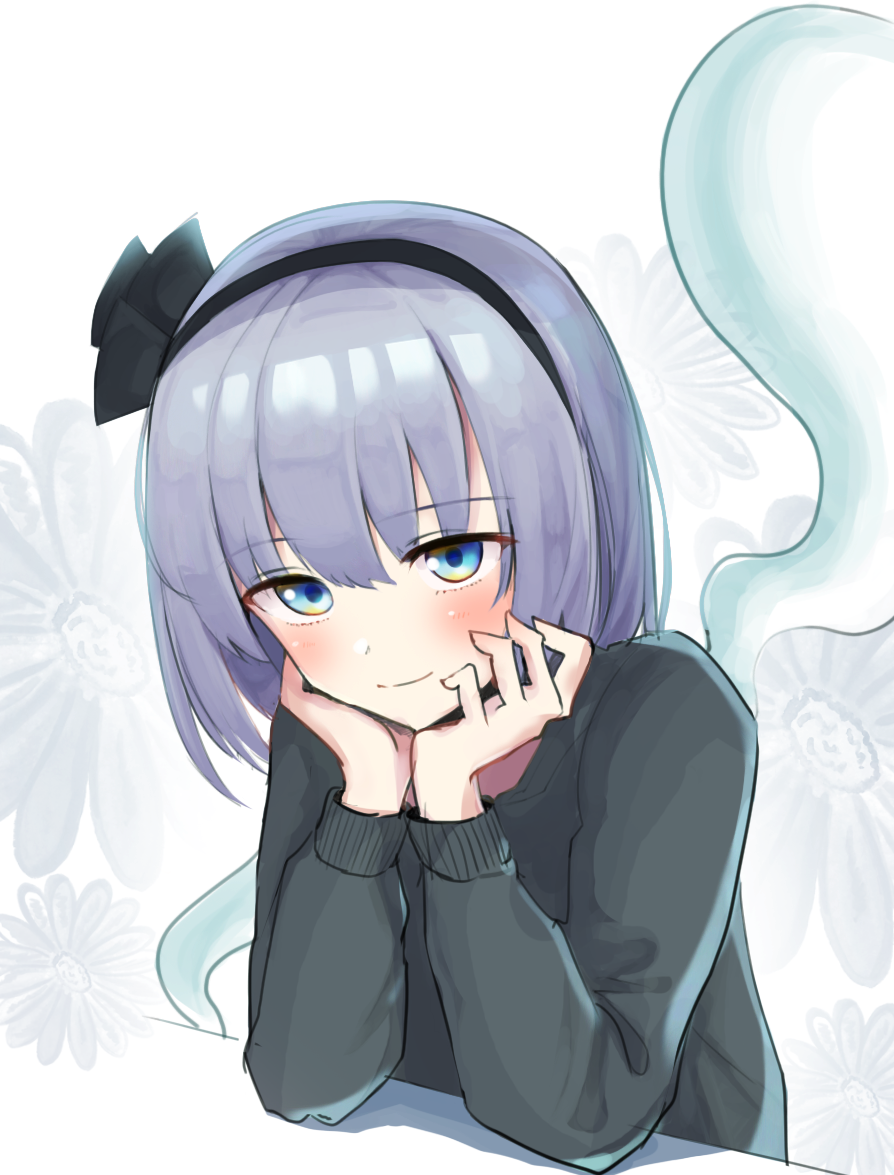 1girl alternate_costume black_hairband blue_eyes blush bob_cut closed_mouth dream_mouse elbow_rest floral_background green_sweater grey_hair hair_ribbon hairband head_rest hitodama konpaku_youmu konpaku_youmu_(ghost) looking_at_viewer ribbon shiny shiny_hair short_hair smile solo sweater touhou upper_body