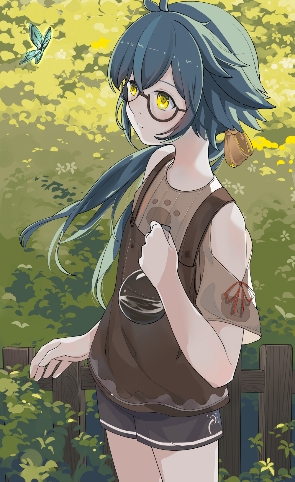 1girl beige_shirt brown_dress bug butterfly casual contemporary dress genshin_impact glasses green_eyes hair_between_eyes highres insect nature otomo_no_sachi outdoors overall_skirt scenery short_hair_with_long_locks short_shorts short_sleeves shorts solo sucrose_(genshin_impact) yellow_eyes