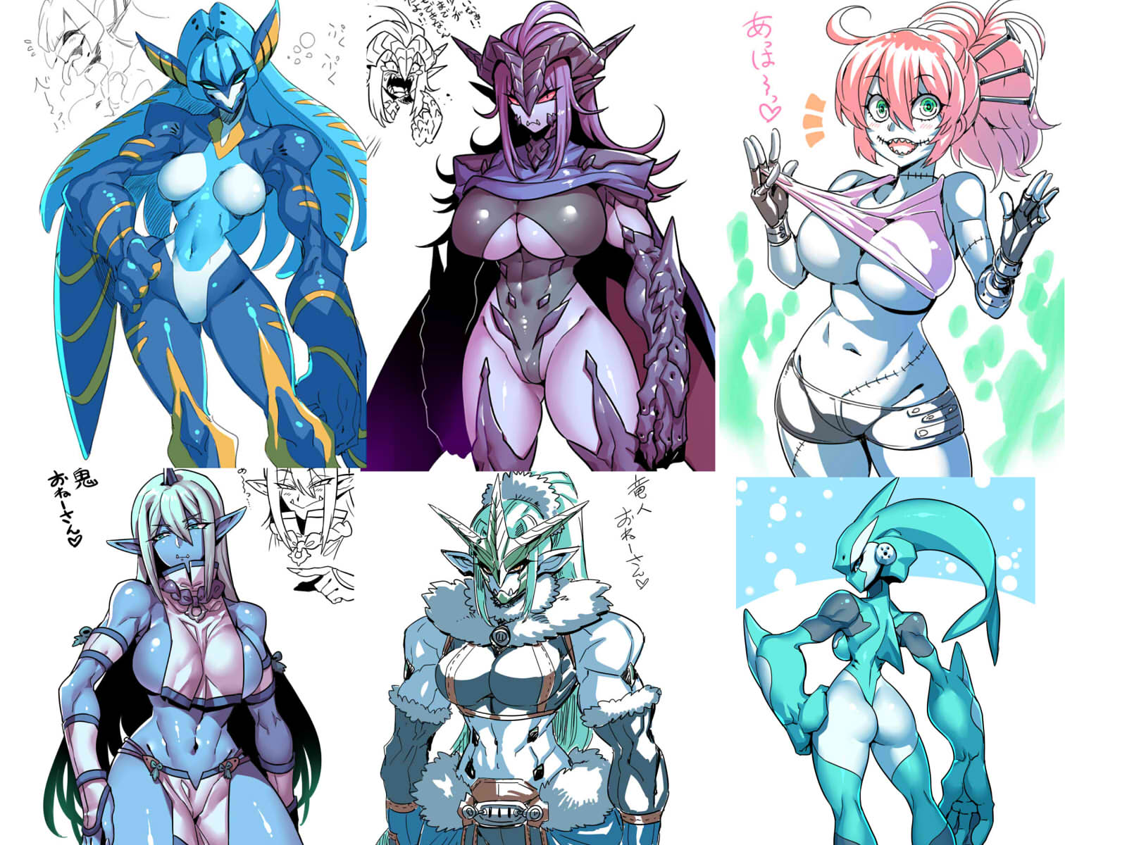6+girls animal_ears ass blue_hair breasts character_request closed_mouth colored_skin highres horns large_breasts long_hair looking_at_viewer monster_girl multiple_girls navel open_mouth pointy_ears smile tail tukiwani under_boob