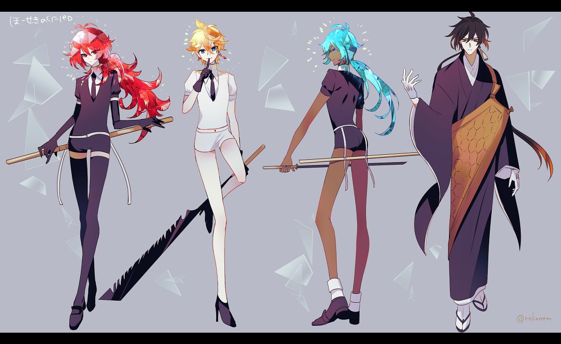 4boys antarcticite bald bangs belt black_gloves black_hair black_legwear black_neckwear blue_eyes blue_hair collared_shirt commentary_request crystal_hair diluc_(genshin_impact) earrings elbow_gloves finger_to_mouth from_behind full_body gem_uniform_(houseki_no_kuni) genshin_impact gloves gradient_hair high_heels holding holding_sheath holding_sword holding_weapon houseki_no_kuni japanese_clothes jewelry kaeya_(genshin_impact) kesa kongou_sensei long_hair looking_at_viewer multicolored_hair multiple_boys necktie orange_hair red_eyes redhead rnknmrm robe saw sheath sheathed shirt shoes short_hair short_sleeves shorts shushing single_earring slippers smile standing sword tartaglia_(genshin_impact) tassel tassel_earrings translation_request weapon white_gloves white_shirt zhongli_(genshin_impact)