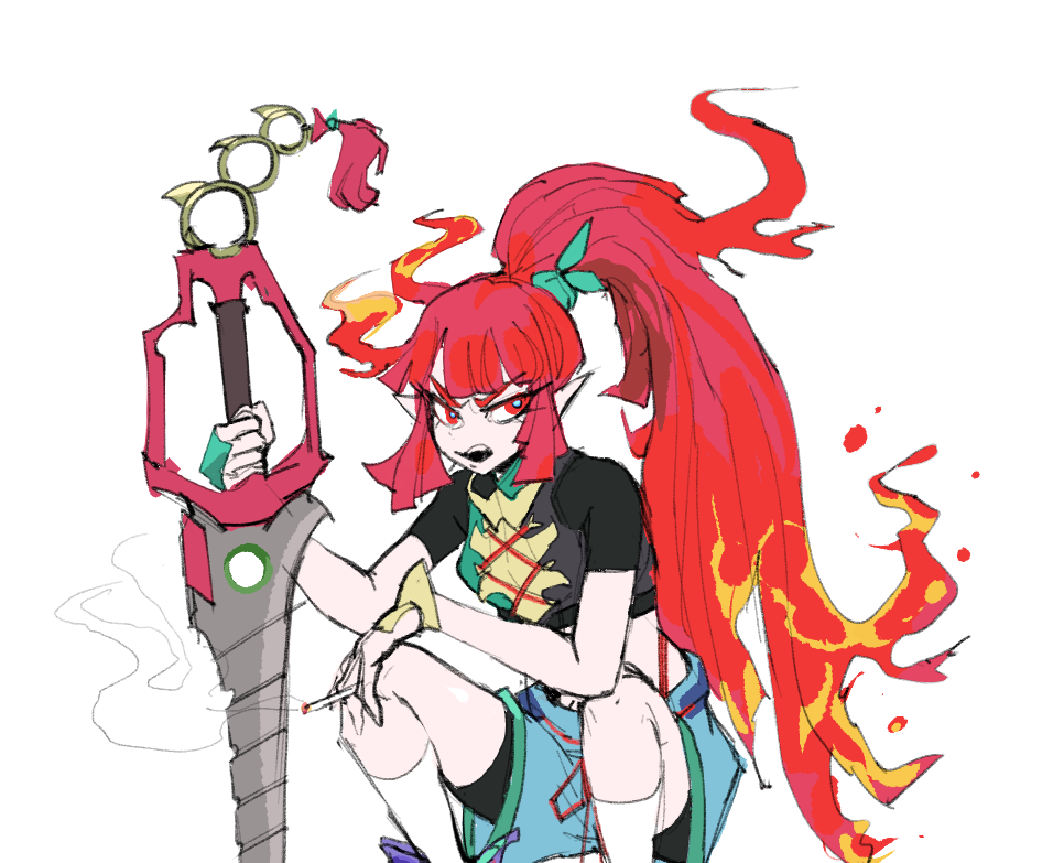 cigarette commission eyebrows_visible_through_hair fiery_hair fire flame holding holding_cigarette holding_sword holding_weapon icek long_eyelashes long_hair open_mouth original pointy_ears ponytail red_eyes redhead simple_background sketch smoke squatting sword teeth weapon white_background white_legwear
