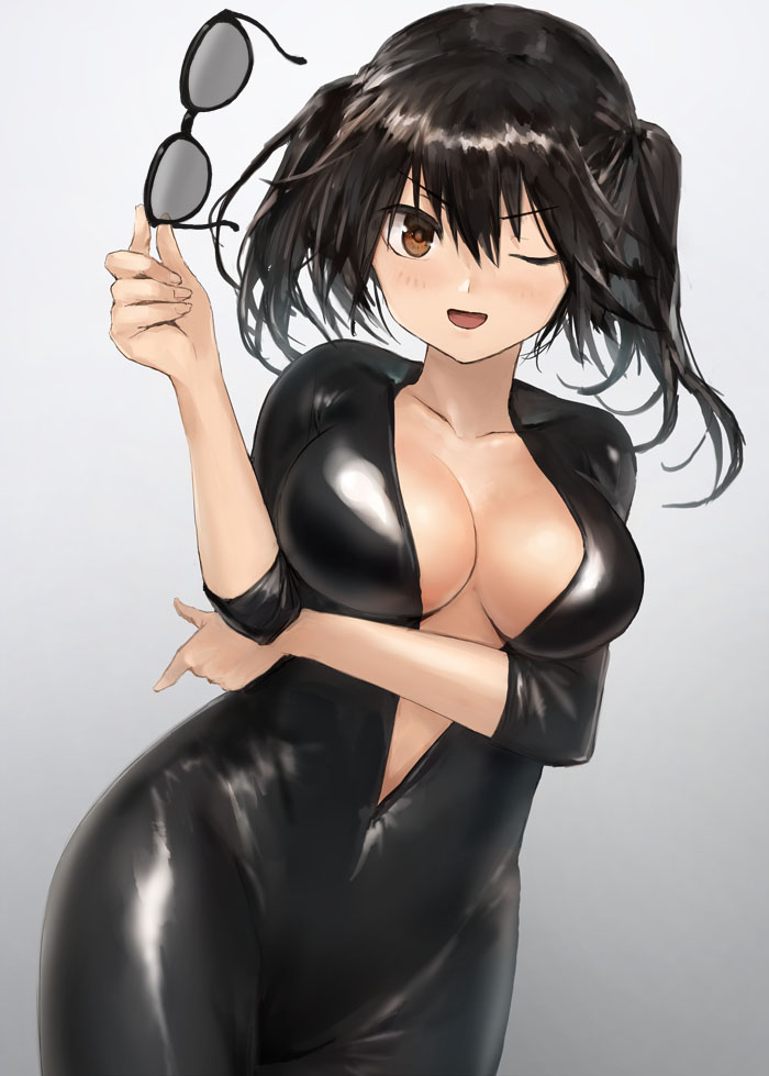 1girl black_bodysuit black_hair blush bodysuit breasts brown_eyes collarbone cowboy_shot eyebrows_visible_through_hair gradient gradient_background hair_between_eyes holding holding_eyewear kantai_collection large_breasts latex_bodysuit one_eye_closed open_mouth sendai_(kancolle) short_hair smile solo sunglasses toka_(marchlizard) two_side_up
