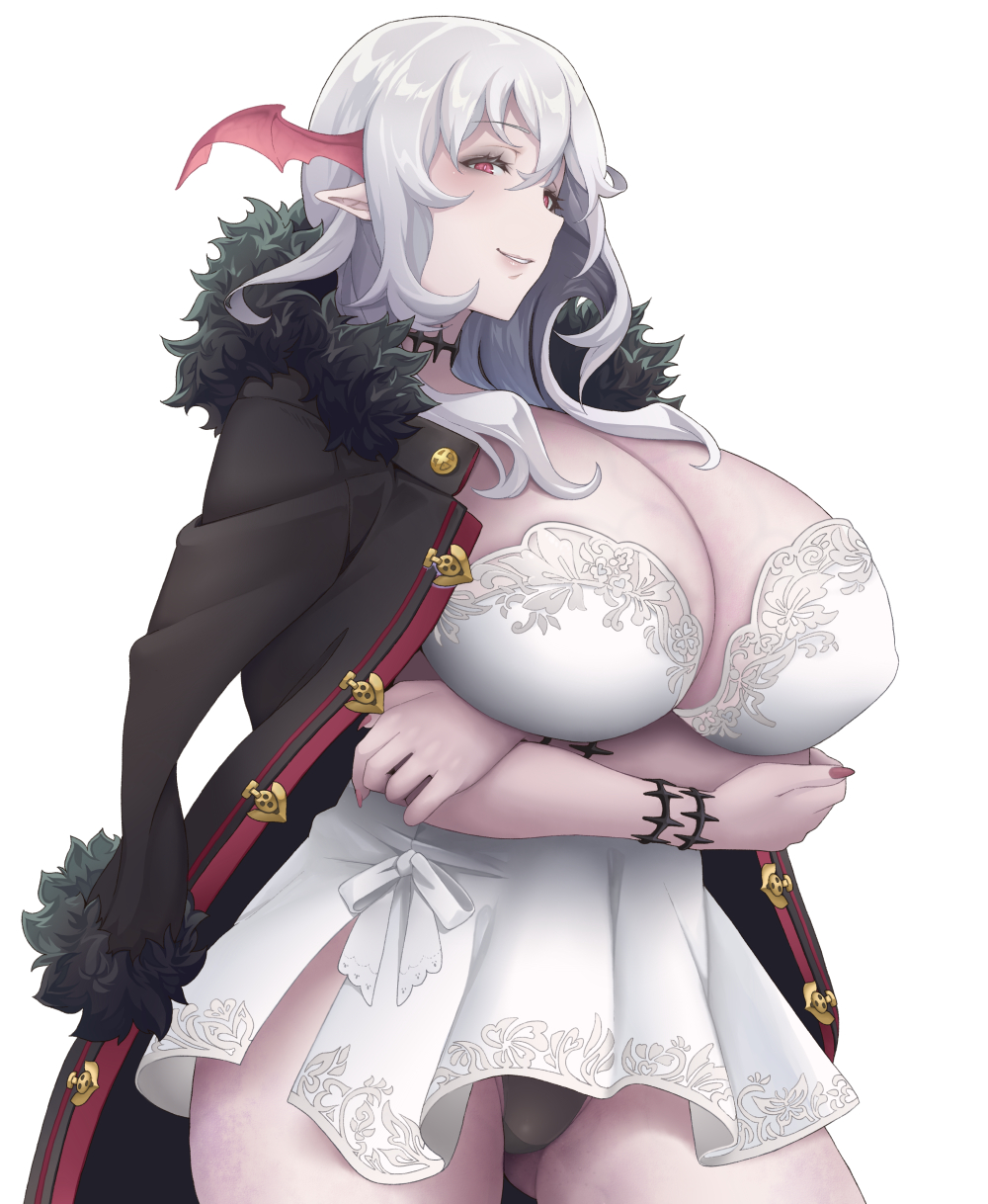 1girl black_panties coat coat_on_shoulders crossed_arms dress from_side fur-trimmed_coat fur_trim highres open_clothes open_coat original panties pointy_ears red_eyes sakurama_haruomi short_hair smile solo underwear white_background white_dress white_hair