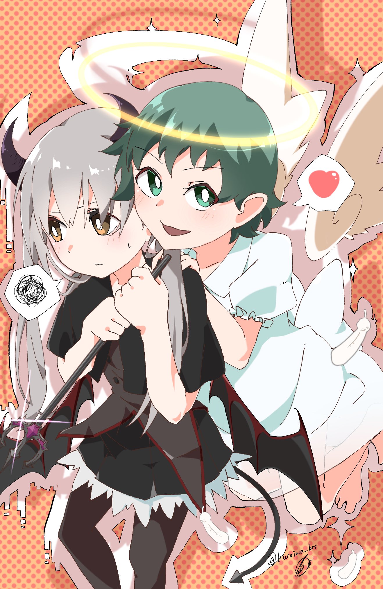 2girls angel angel_and_devil angel_wings demon demon_girl demon_horns demon_tail demon_wings green_eyes green_hair halo heart highres horns kuroiwa_brs looking_at_viewer looking_away monogatari_(series) multiple_girls oikura_sodachi orange_eyes owarimonogatari short_hair silver_hair tail twintails wings zoku_owarimonogatari