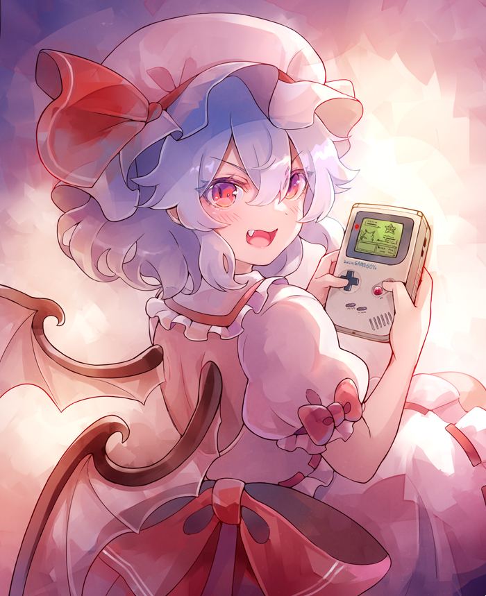 1girl 60mai bow card dress fang frills from_behind game_boy gen_1_pokemon handheld_game_console hat hat_bow looking_at_viewer open_mouth pikachu playing_card pokemon pokemon_(game) pokemon_rgby purple_hair red_eyes remilia_scarlet sitting solo staryu touhou wings