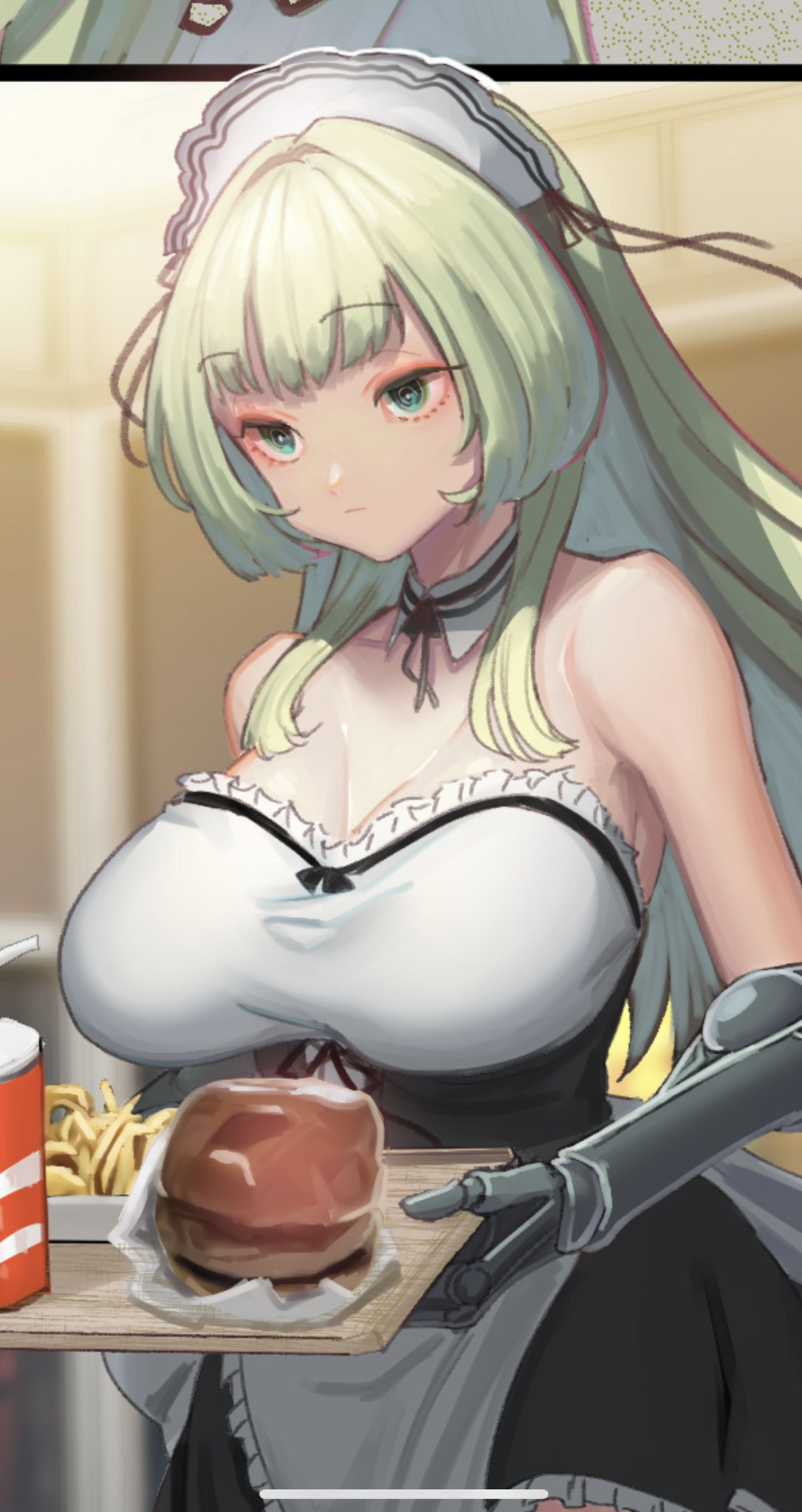 1girl apron bangs bare_shoulders breasts burger cup detached_collar disposable_cup dress eyebrows_visible_through_hair food green_eyes green_hair highres holding holding_tray large_breasts long_hair maid maid_headdress mechanical_arms ookami_ryousuke original sidelocks single_mechanical_arm strapless strapless_dress tray waist_apron