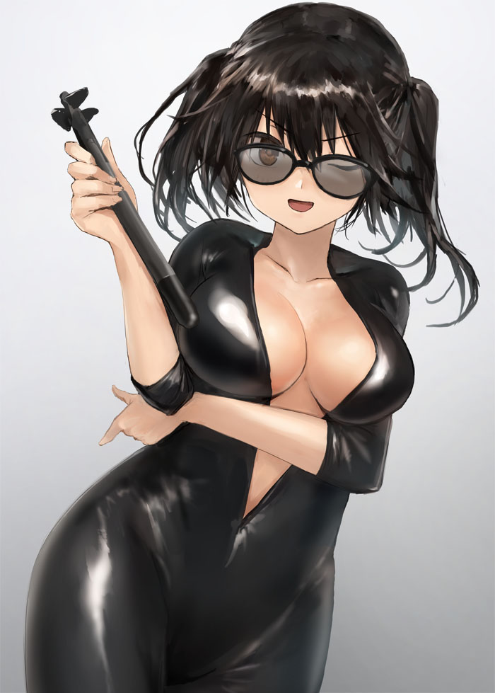 1girl black_bodysuit black_hair blush bodysuit breasts brown_eyes collarbone cowboy_shot eyebrows_visible_through_hair gradient gradient_background hair_between_eyes holding holding_torpedo kantai_collection large_breasts latex_bodysuit one_eye_closed open_mouth sendai_(kancolle) short_hair smile solo sunglasses toka_(marchlizard) torpedo two_side_up