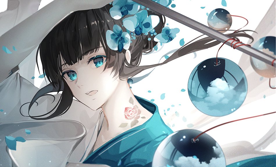 1girl black_hair blue_eyes braid flower hair_ornament holding japanese_clothes kimono looking_at_viewer original simple_background solo tattoo unity_(ekvmsp02) upper_body water_balloon white_background