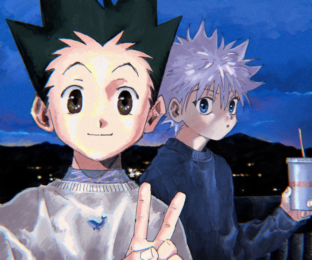 2boys :o alternate_costume bangs black_hair blue_eyes blue_sweater brown_eyes cup disposable_cup gon_freecss holding holding_cup hunter_x_hunter killua_zoldyck male_focus mountain multiple_boys night open_mouth outdoors selfie silver_hair sky smile spiky_hair sweater toripippi_7 v white_sweater