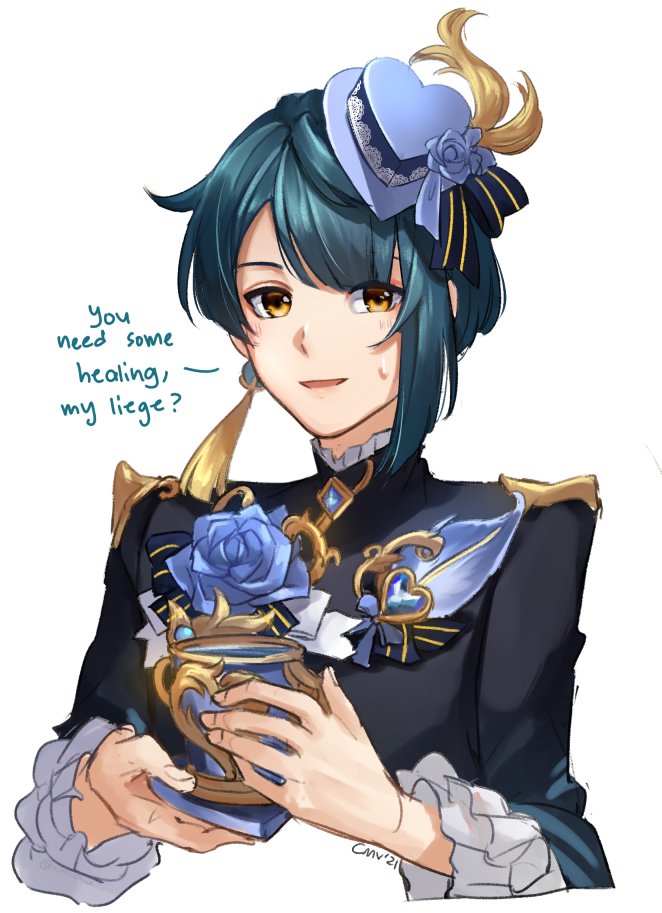 1boy bangs blue_flower blue_hair blue_headwear blush chinese_clothes cup earrings english_commentary english_text feathers flower frilled_shirt_collar frilled_sleeves frills genshin_impact hat holding holding_cup jacket jewelry long_sleeves looking_at_viewer male_focus mikanchii open_mouth ribbon rose short_hair simple_background single_earring smile solo sweat sweatdrop symbol_commentary tassel tassel_earrings white_background xingqiu_(genshin_impact) yellow_eyes