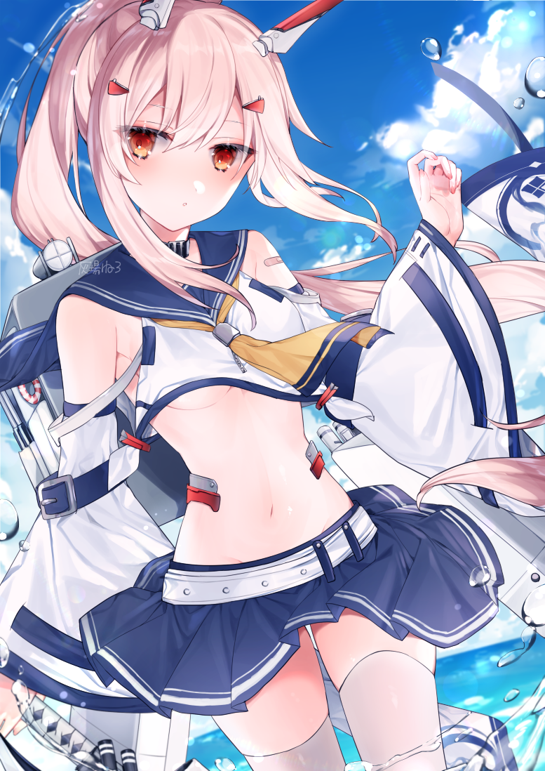 1girl ascot ashiba_nero ayanami_(azur_lane) azur_lane bangs belt blue_skirt blue_sky breasts choker clouds cloudy_sky commentary_request detached_sleeves eyebrows_visible_through_hair hair_ornament hairclip headgear holding holding_sword holding_weapon horizon long_hair looking_at_viewer midriff navel ocean orange_eyes parted_lips pleated_skirt ponytail retrofit_(azur_lane) school_uniform serafuku sidelocks silver_hair skirt sky solo sword thigh-highs under_boob water_drop weapon white_legwear wide_sleeves zettai_ryouiki