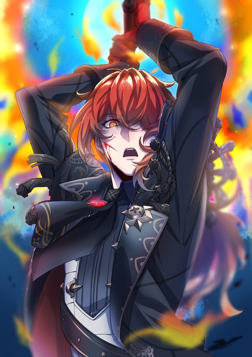 1boy arms_up bangs black_jacket blood blood_on_face cuts diluc_(genshin_impact) eyebrows_visible_through_hair fire from_below genshin_impact gloves gnsnrkgk hair_between_eyes hair_over_one_eye highres holding holding_sword holding_weapon injury jacket long_hair long_sleeves looking_at_viewer male_focus open_mouth ponytail red_eyes redhead solo sword tassel upper_body weapon
