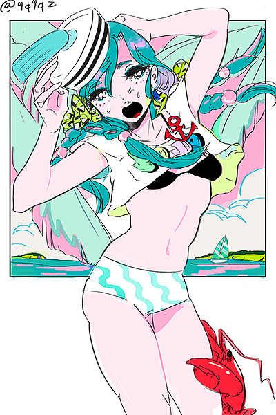 1girl aqua_hair black_bra boat bra braid character_request check_character cowboy_shot crop_top denjinq dixie_cup_hat hat hirose_yasuho jojo_no_kimyou_na_bouken jojolion lobster long_hair midriff military_hat navel open_mouth shadow shirt shorts solo twitter_username underwear watercraft white_shirt